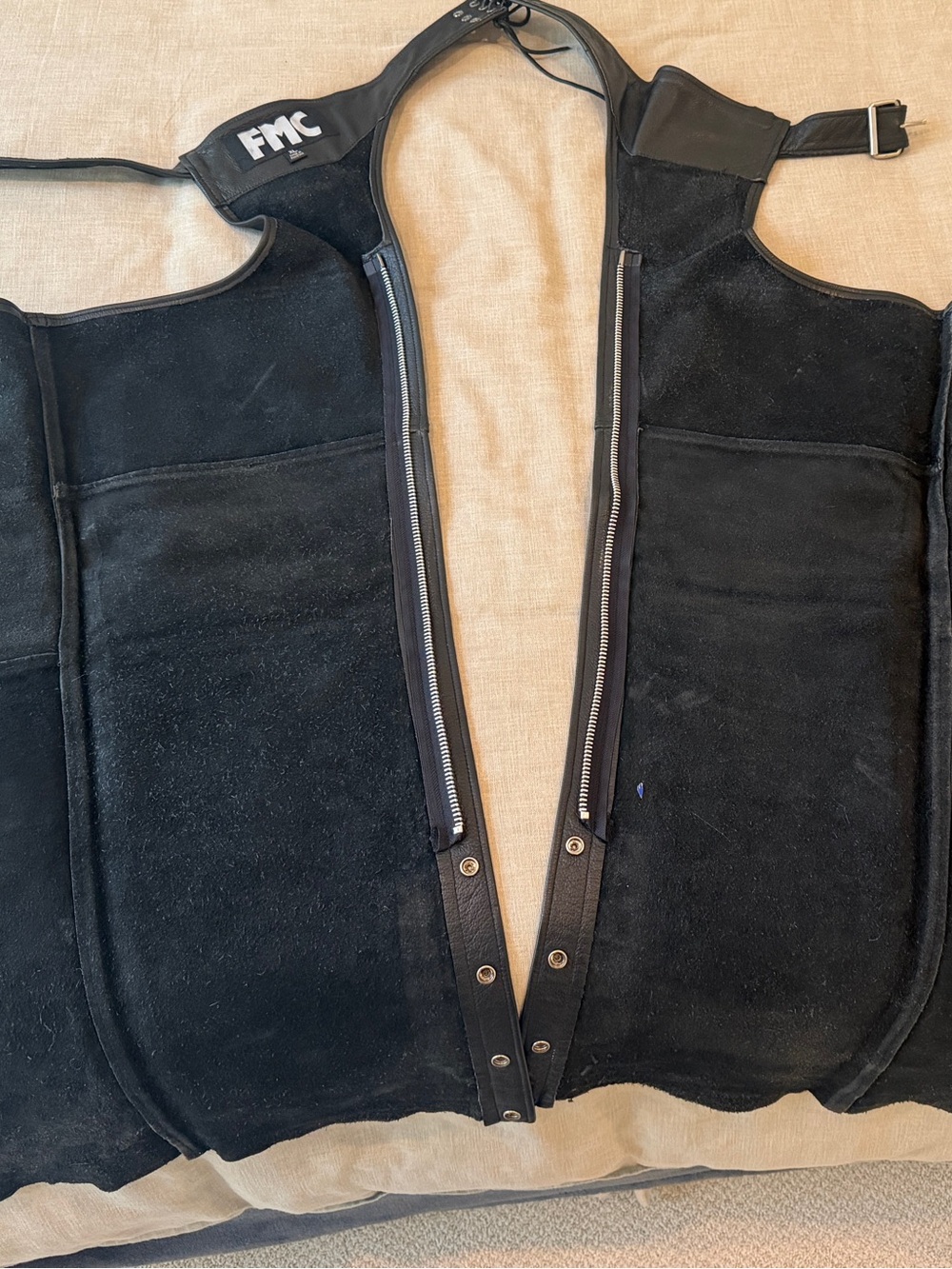 Men’s FMC Black Leather Chaps with Buckle Waist Size XL Adjustable Waist
